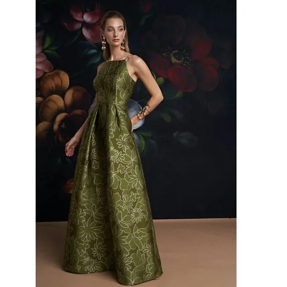 Kay Unger Jada Jacquard Halter Neck Gown Dress Green w/ Pink Embroidery Size  8 - Picture 2 of 13